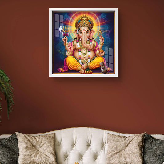 Luxury Lord Ganesha Glass Finishing Wall Frame | Colorful Ganpati Bappa Photo for Home Temple & Office | Vastu Spiritual Decor | Diwali Gift
