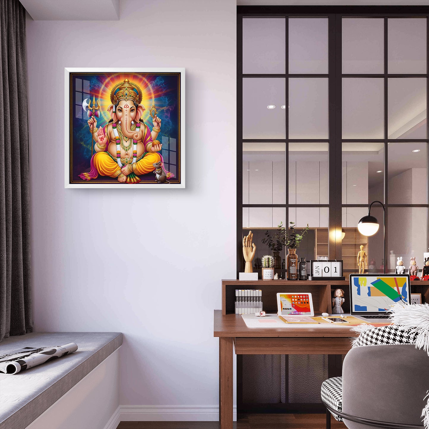 Luxury Lord Ganesha Glass Finishing Wall Frame | Colorful Ganpati Bappa Photo for Home Temple & Office | Vastu Spiritual Decor | Diwali Gift
