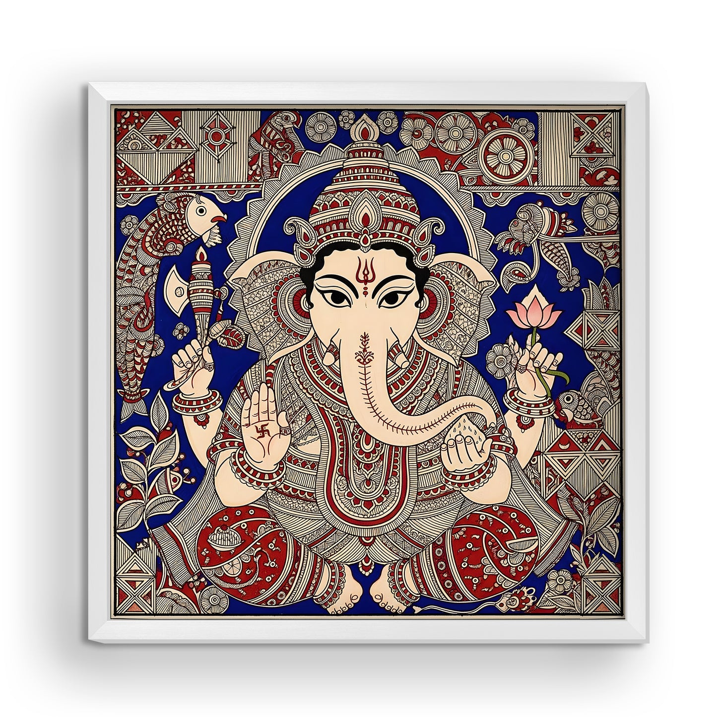 Premium Lord Ganesha Acrylic Wall Art | Traditional Madhubani Art Style | Ganpati Painting for Home, Pooja Room & Office | UV Print with White Frame