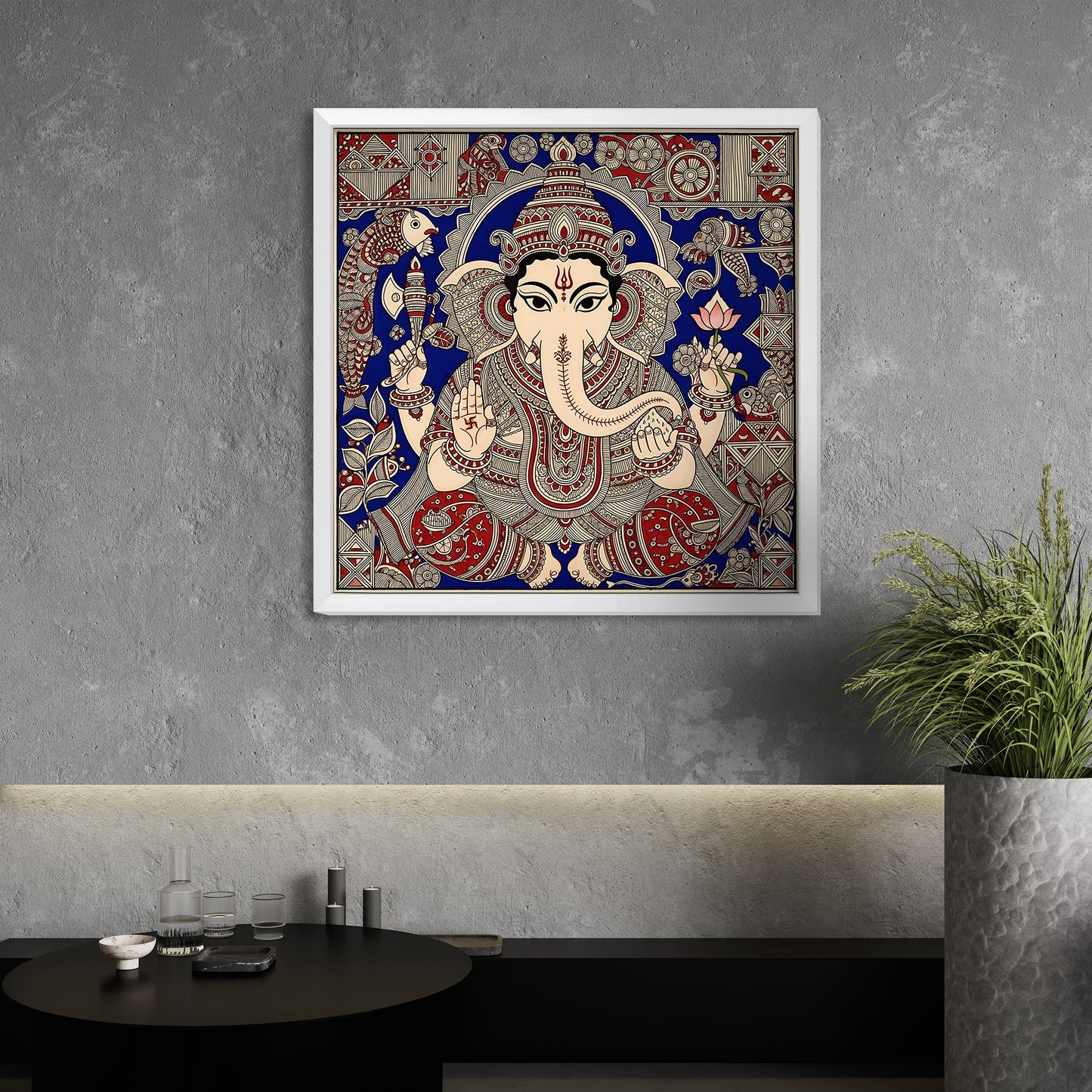 Premium Lord Ganesha Acrylic Wall Art | Traditional Madhubani Art Style | Ganpati Painting for Home, Pooja Room & Office | UV Print with White Frame