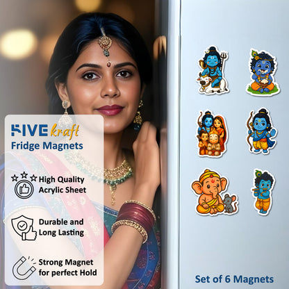 Hindu God Fridge Magnets Acrylic | Set of 6 Cute Cartoon Style Little Krishna, Ganesha, Shiva, Hanuman & Ram Parivar – Spiritual Decorative Magnets for Fridge, Locker, Office