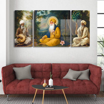 Guru Nanak Ji with Bhai Bala & Bhai Mardana Set of 3 Acrylic with Glass Finishing Wall Painting Spiritual Sikh Art for Home Decor, Office, Meditation Room and Gurdwara