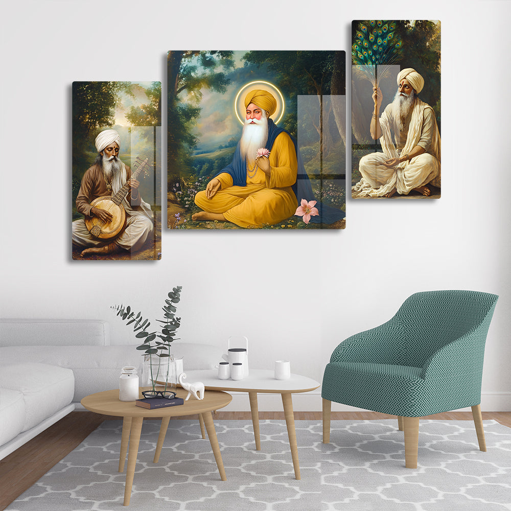 Guru Nanak Ji with Bhai Bala & Bhai Mardana Set of 3 Acrylic with Glass Finishing Wall Painting Spiritual Sikh Art for Home Decor, Office, Meditation Room and Gurdwara
