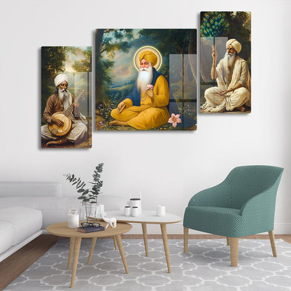 Guru Nanak Ji with Bhai Bala & Bhai Mardana Set of 3 Acrylic with Glass Finishing Wall Painting Spiritual Sikh Art for Home Decor, Office, Meditation Room and Gurdwara