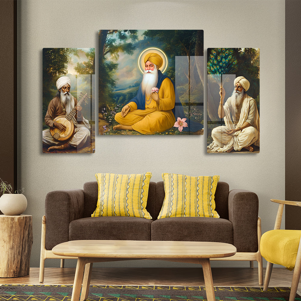 guru nanak ji with bhai bala & bhai mardana set of 3 acrylic with glass finishing wall painting 
