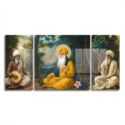 Guru Nanak Ji with Bhai Bala & Bhai Mardana Set of 3 Acrylic with Glass Finishing Wall Painting Spiritual Sikh Art for Home Decor, Office, Meditation Room and Gurdwara