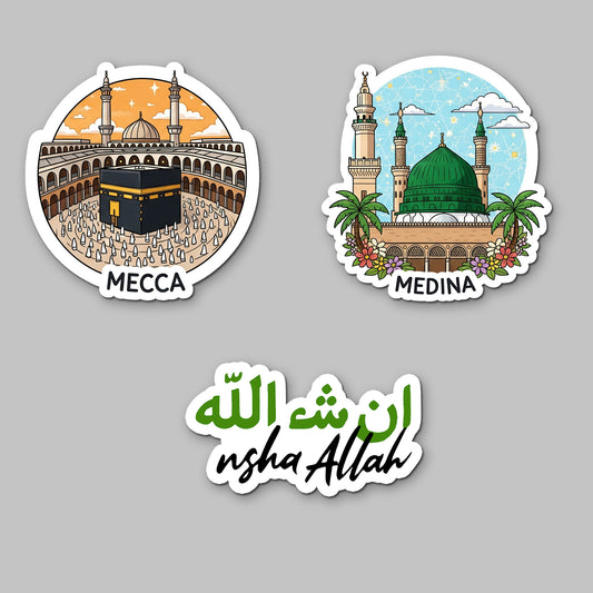 Islamic Acrylic Fridge Magnets Set of 3 Mecca, Medina & Insha Allah Quote | Decorative Refrigerator Magnets for Home, Kitchen & Muslim Gifts