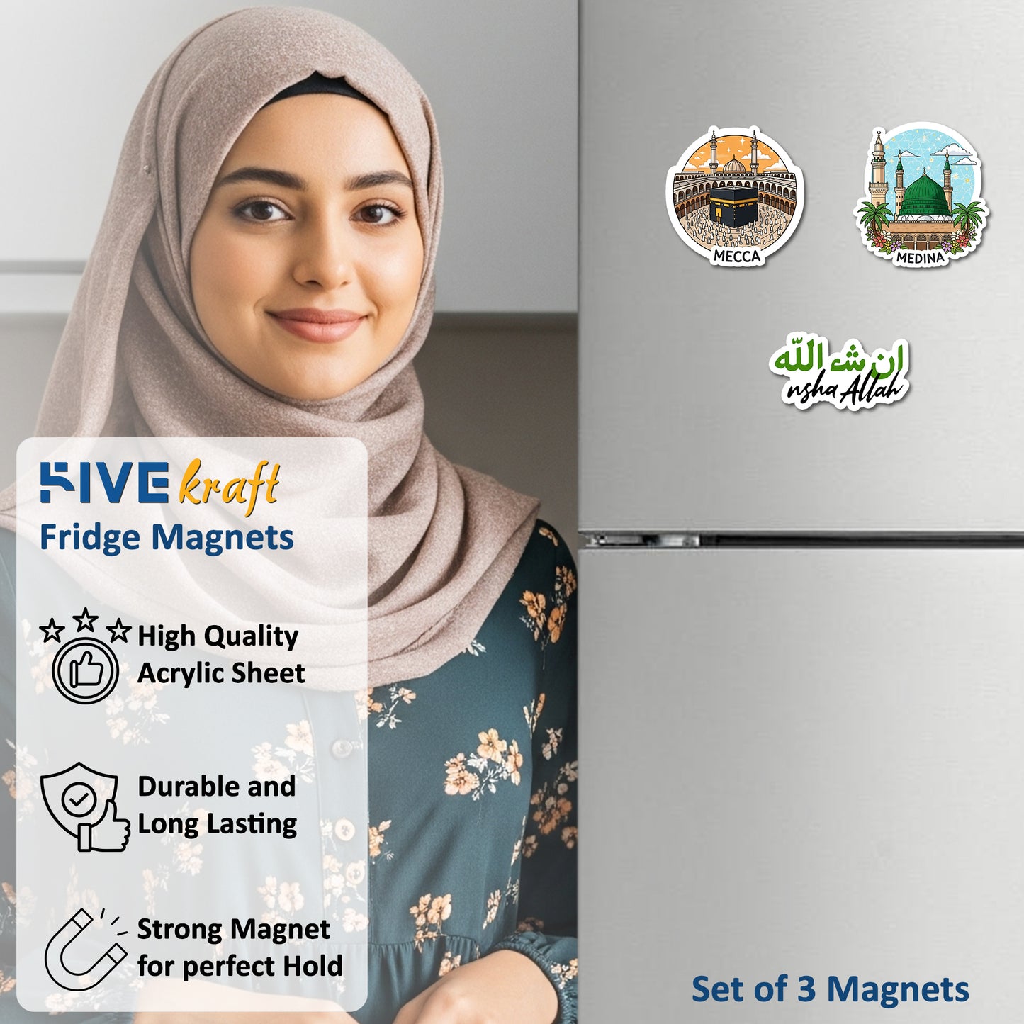 Islamic Acrylic Fridge Magnets Set of 3 Mecca, Medina & Insha Allah Quote | Decorative Refrigerator Magnets for Home, Kitchen & Muslim Gifts
