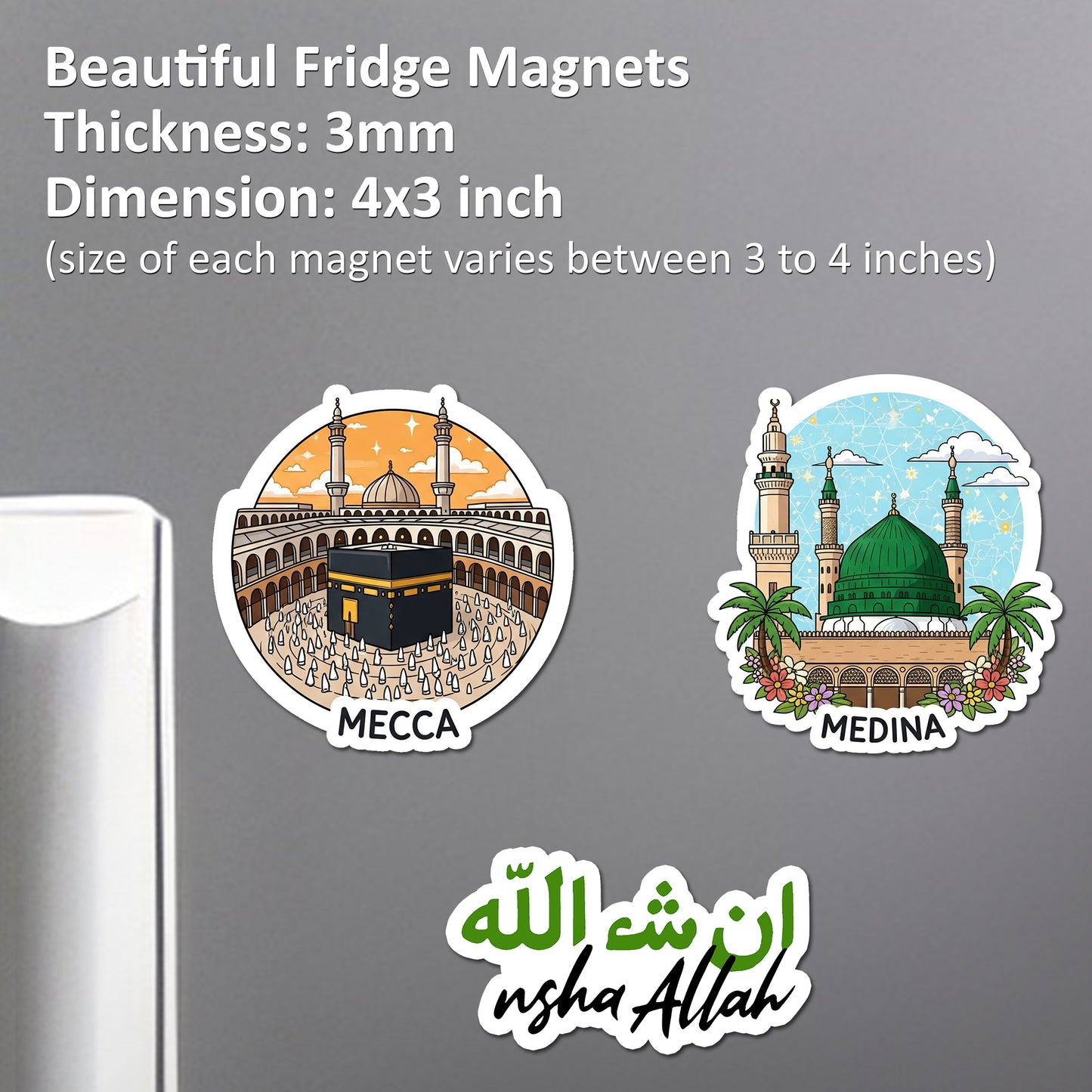Islamic Acrylic Fridge Magnets Set of 3 Mecca, Medina & Insha Allah Quote | Decorative Refrigerator Magnets for Home, Kitchen & Muslim Gifts