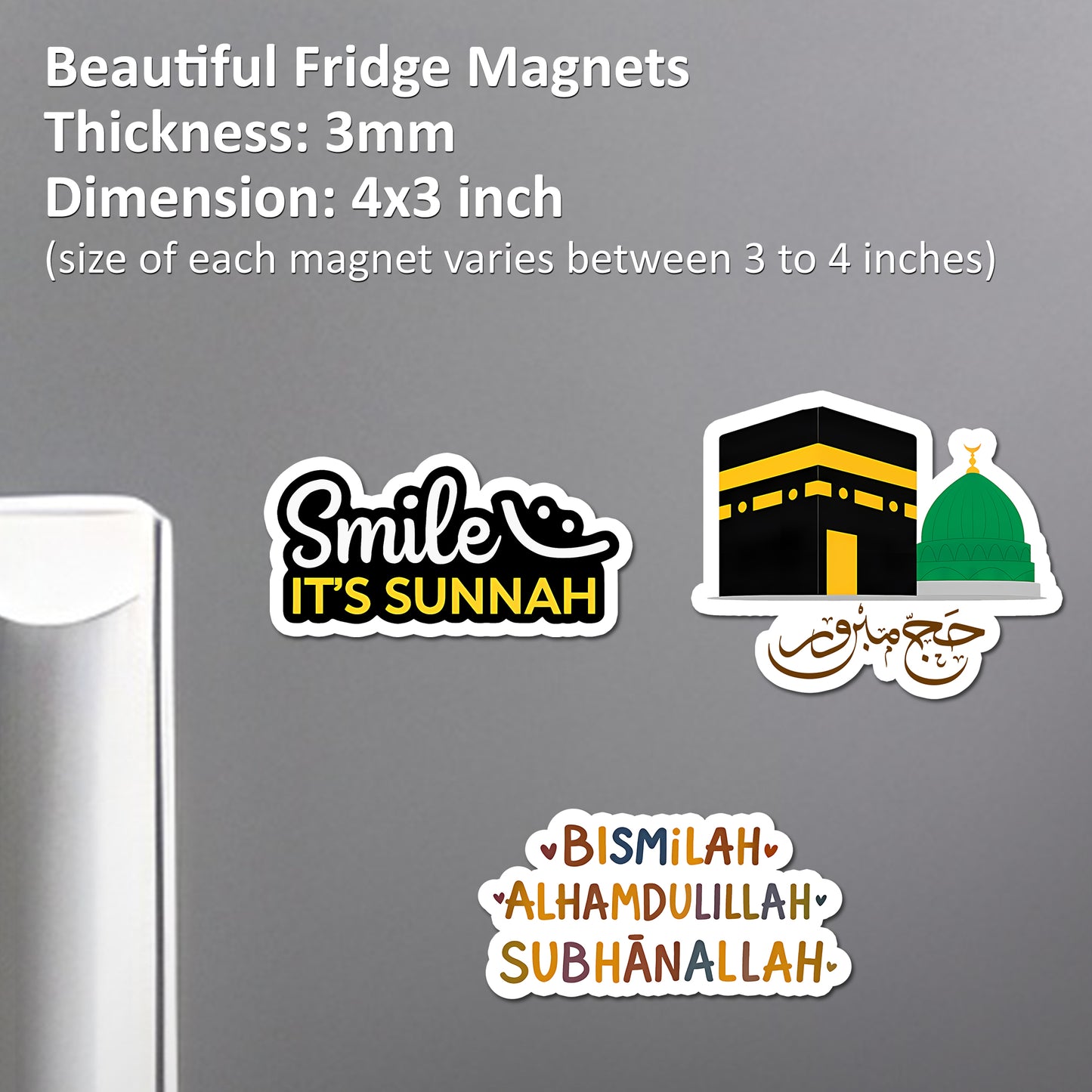 Islamic Acrylic Fridge Magnets Set of 3 | 3x3 Kaaba, Masjid Nabawi & Islamic Quotes | Strong Decorative Refrigerator Magnets for Home, Kitchen & Muslim Gifts
