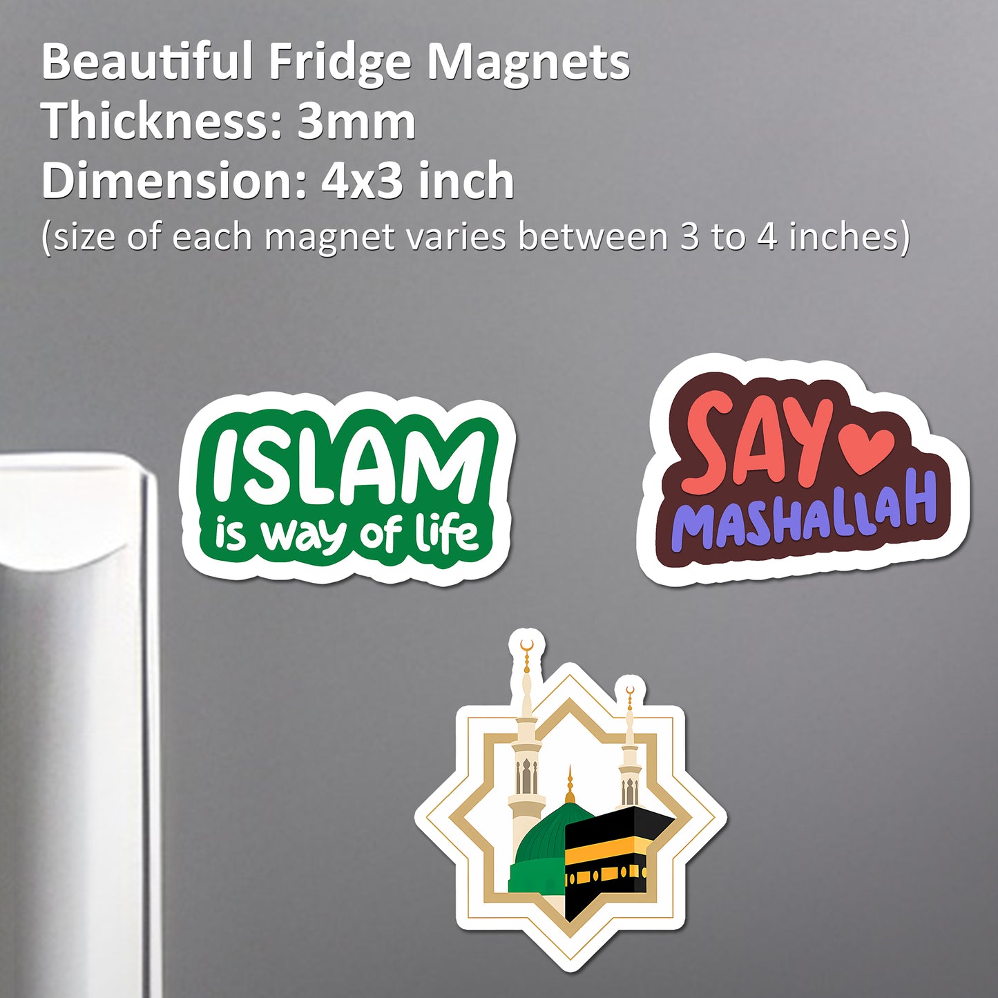 Islamic Acrylic Fridge Magnets Set of 3 | 3x3 Inch Kaaba, Masjid Nabawi & Islamic Quotes | Decorative Fridge Magnets for Home, Kitchen & Muslim Gifts