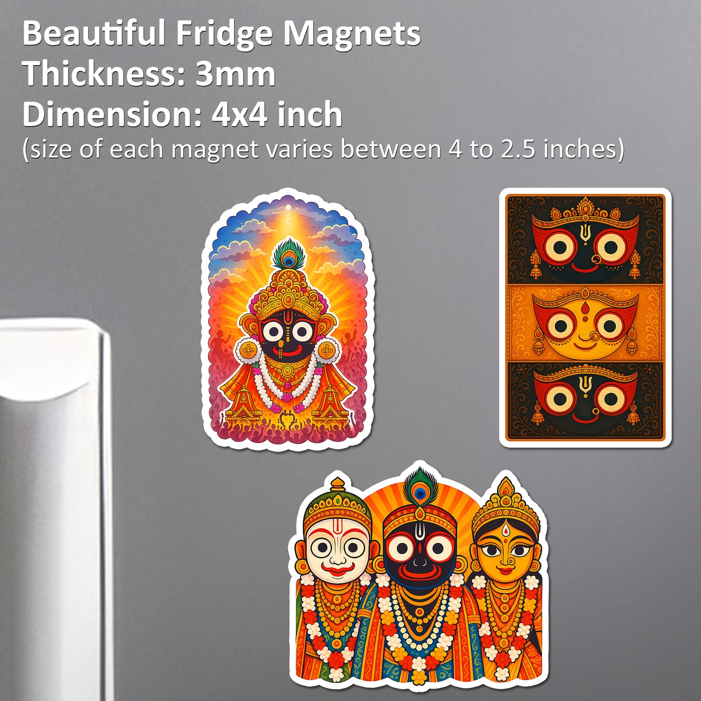 Premium Lord Jagannath Acrylic Fridge Magnet Set of 3 | Hindu God Jagannath Balabhadra Subhadra & Puri Rath Yatra Design | Spiritual Home Decor & Religious Gift | 4x3 Inch