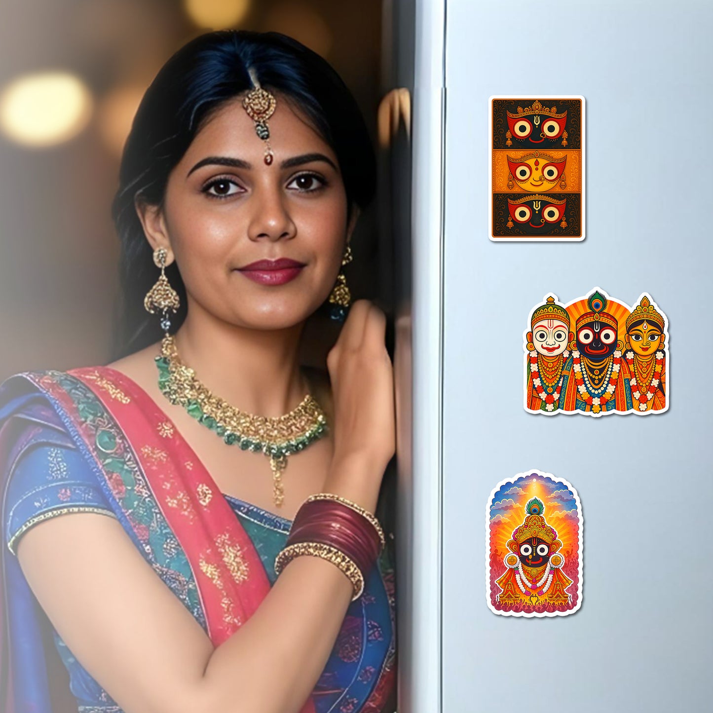 Premium Lord Jagannath Acrylic Fridge Magnet Set of 3 | Hindu God Jagannath Balabhadra Subhadra & Puri Rath Yatra Design | Spiritual Home Decor & Religious Gift | 4x3 Inch