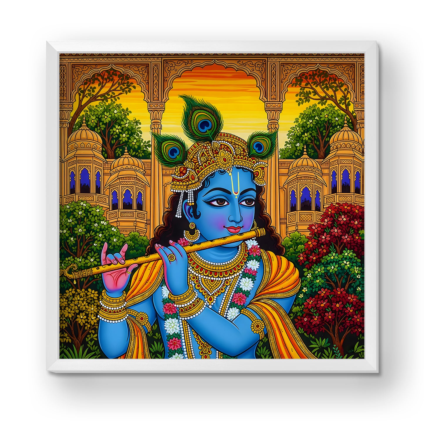 Luxury Krishna Acrylic Wall Frame | Traditional Rajasthani Art Style | Flute Playing Krishna with Peacock Feathers | Wall Decor for Home, Temple & Gifting | UV Print with White Frame