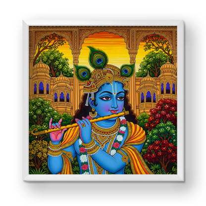 Luxury Krishna Acrylic Wall Frame | Traditional Rajasthani Art Style | Flute Playing Krishna with Peacock Feathers | Wall Decor for Home, Temple & Gifting | UV Print with White Frame