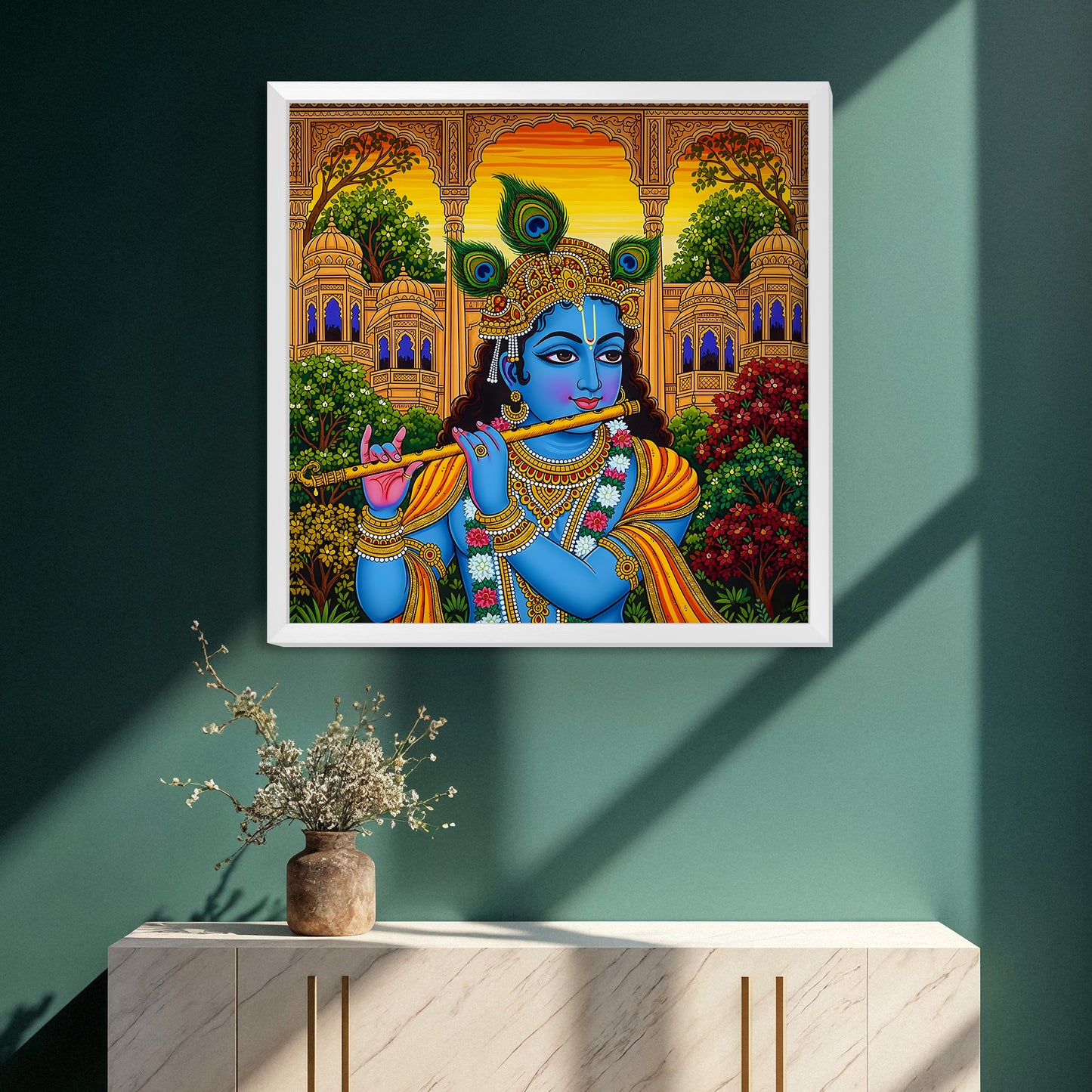 Luxury Krishna Acrylic Wall Frame | Traditional Rajasthani Art Style | Flute Playing Krishna with Peacock Feathers | Wall Decor for Home, Temple & Gifting | UV Print with White Frame