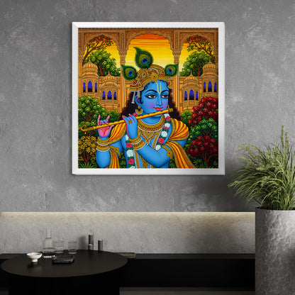 Luxury Krishna Acrylic Wall Frame | Traditional Rajasthani Art Style | Flute Playing Krishna with Peacock Feathers | Wall Decor for Home, Temple & Gifting | UV Print with White Frame