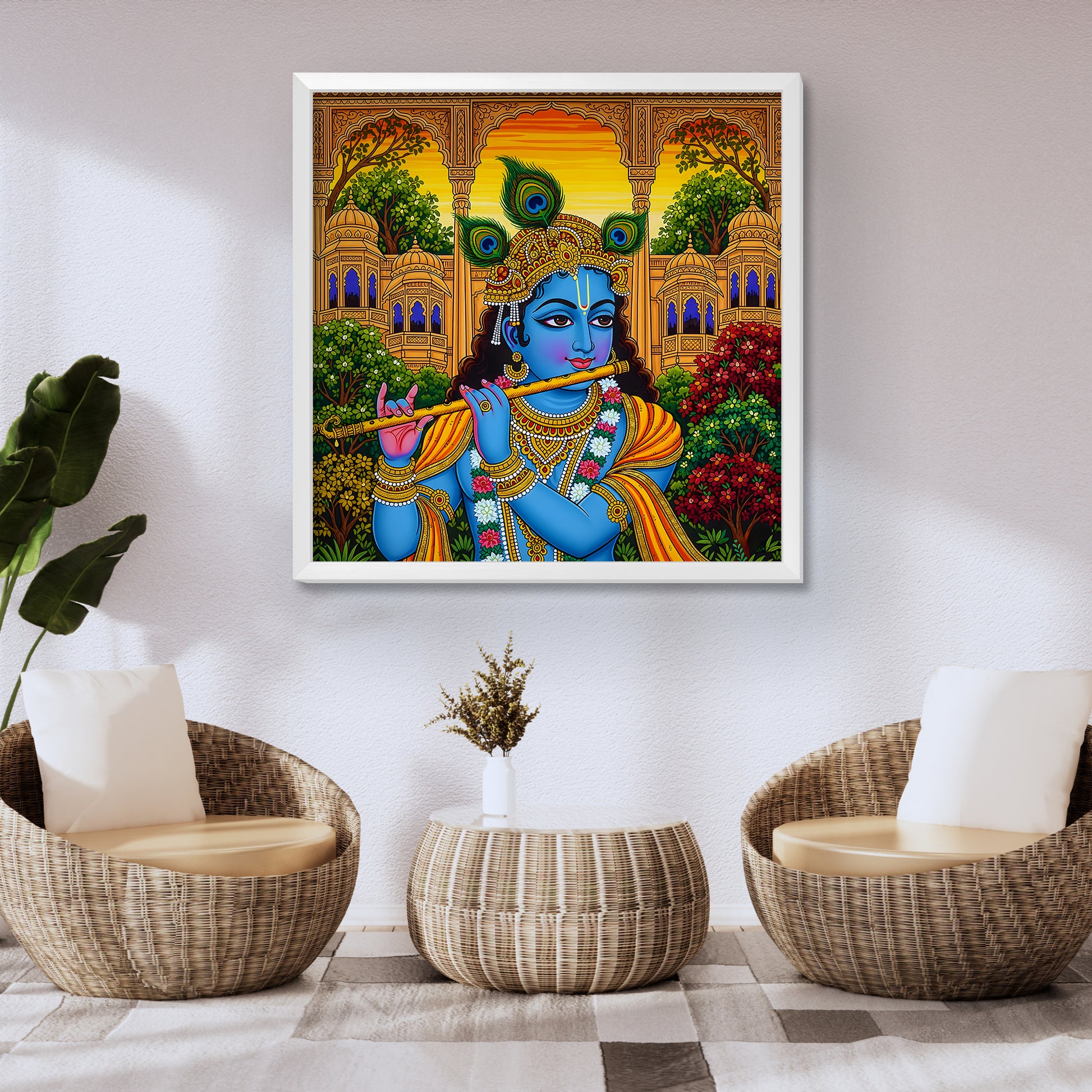 krishna playing flute painting, lord krishna wall frame, janmashtami gift decor, krishna for pooja room, spiritual wall hanging, krishna peacock feather wall decor