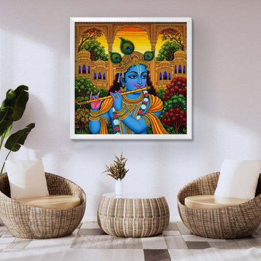 krishna playing flute painting, lord krishna wall frame, janmashtami gift decor, krishna for pooja room, spiritual wall hanging, krishna peacock feather wall decor