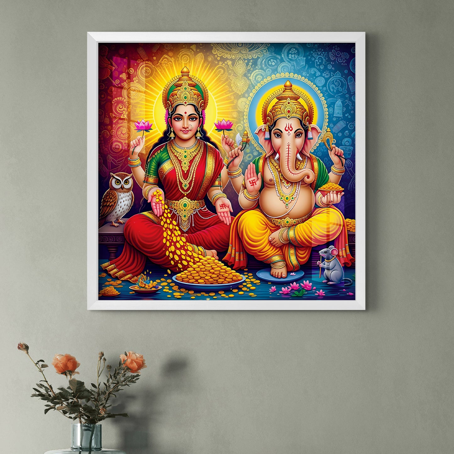Luxury Lord Ganesha Glossy Acrylic Wall Painting | Pooja Room Home Decor | Spiritual Gift for Diwali, Housewarming, Office | UV Print with White Frame