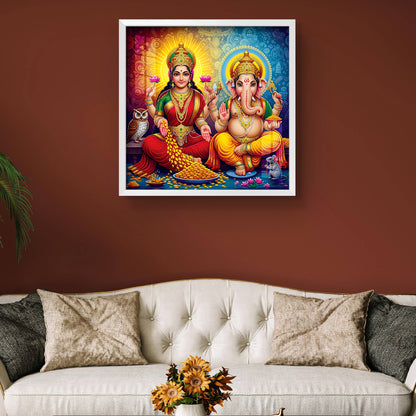 Luxury Lord Ganesha Glossy Acrylic Wall Painting | Pooja Room Home Decor | Spiritual Gift for Diwali, Housewarming, Office | UV Print with White Frame