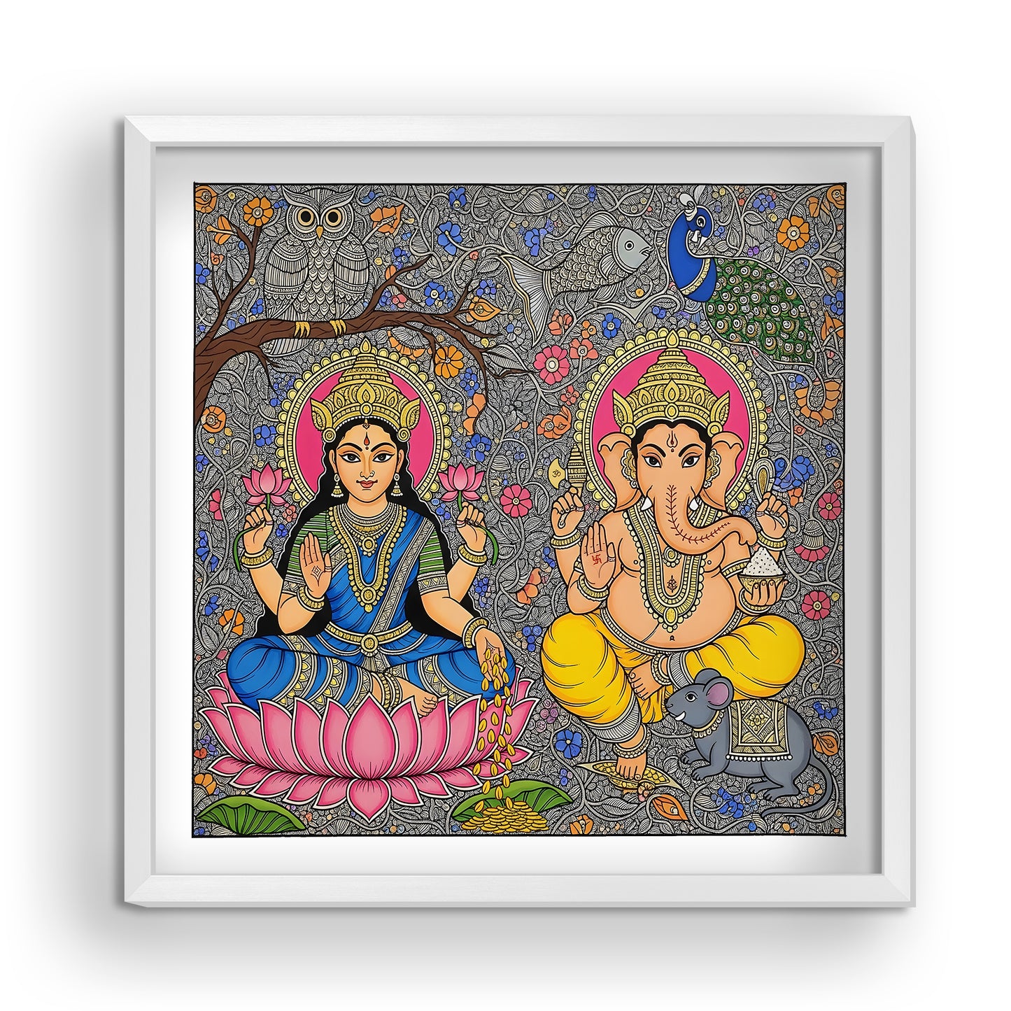 Laxmi Ganesha Wall Art | Glass Finishing Madhubani Painting on Acrylic UV Print Frame | Indian Traditional Wall Decor | Festive Diwali Gift | Vastu Positive Energy Artwork
