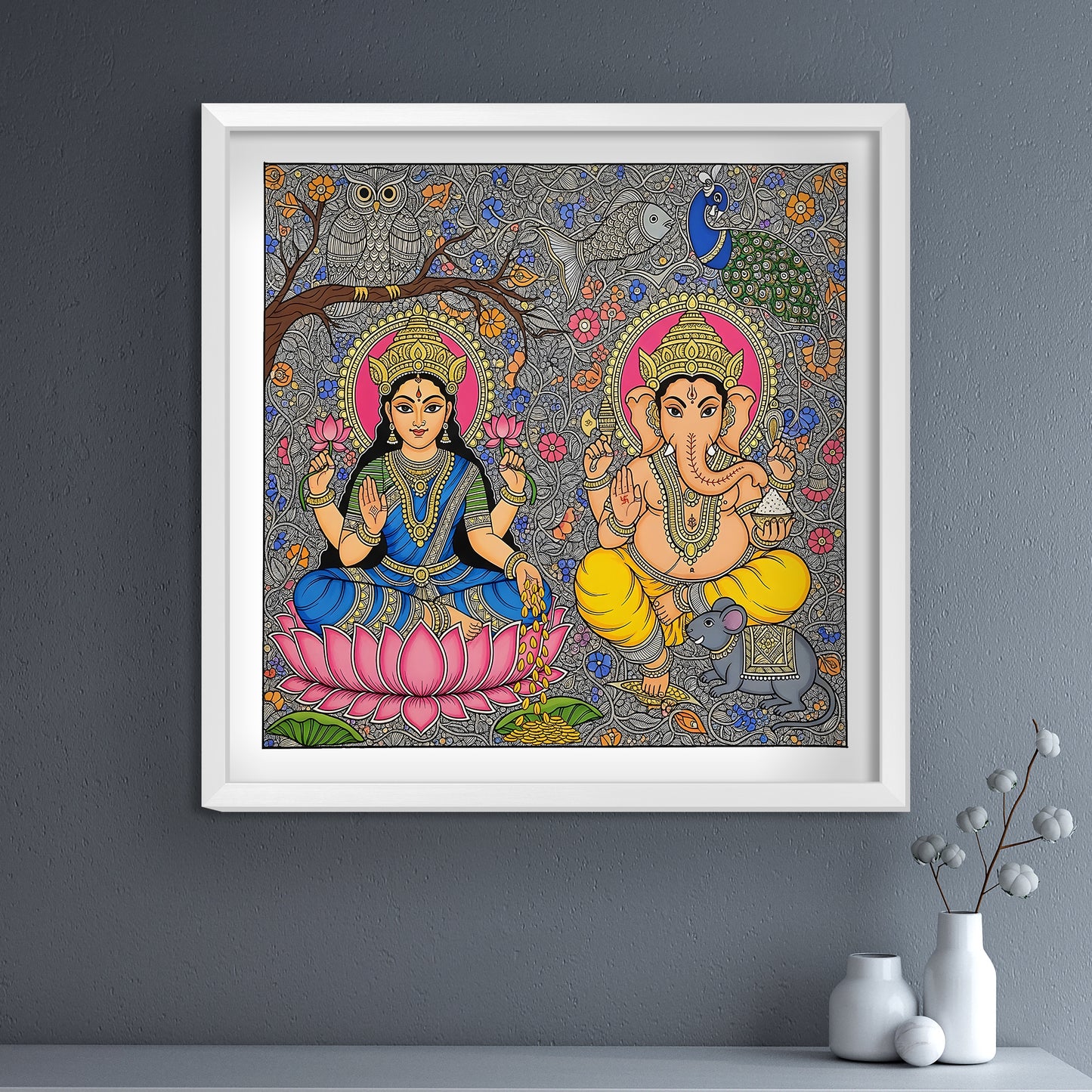 Laxmi Ganesha Wall Art | Glass Finishing Madhubani Painting on Acrylic UV Print Frame | Indian Traditional Wall Decor | Festive Diwali Gift | Vastu Positive Energy Artwork