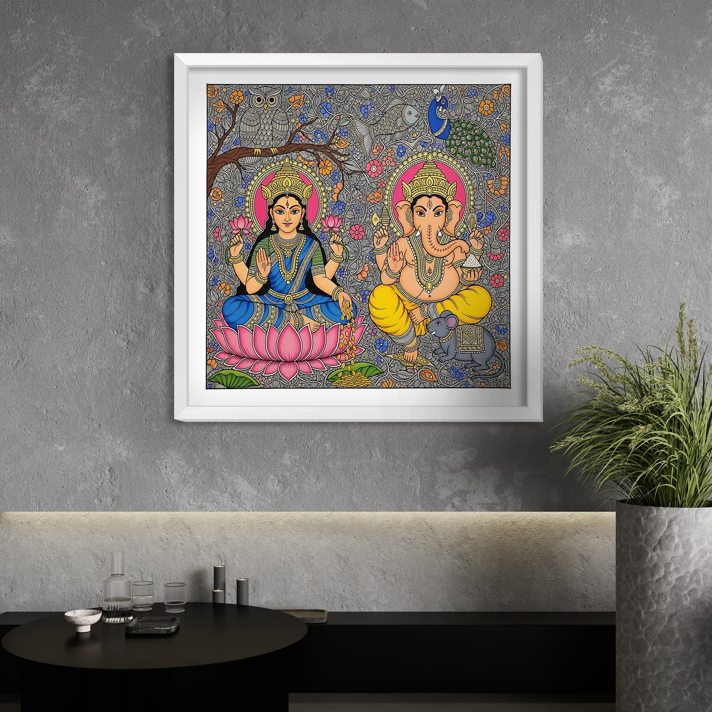 Laxmi Ganesha wall art, Madhubani painting, Indian folk art décor, Diwali gift, spiritual wall frame, Vastu artwork, prosperity painting, acrylic wall frame, goddess Laxmi, lord Ganesha, housewarming gift, Hindu religious painting, festive wall décor.