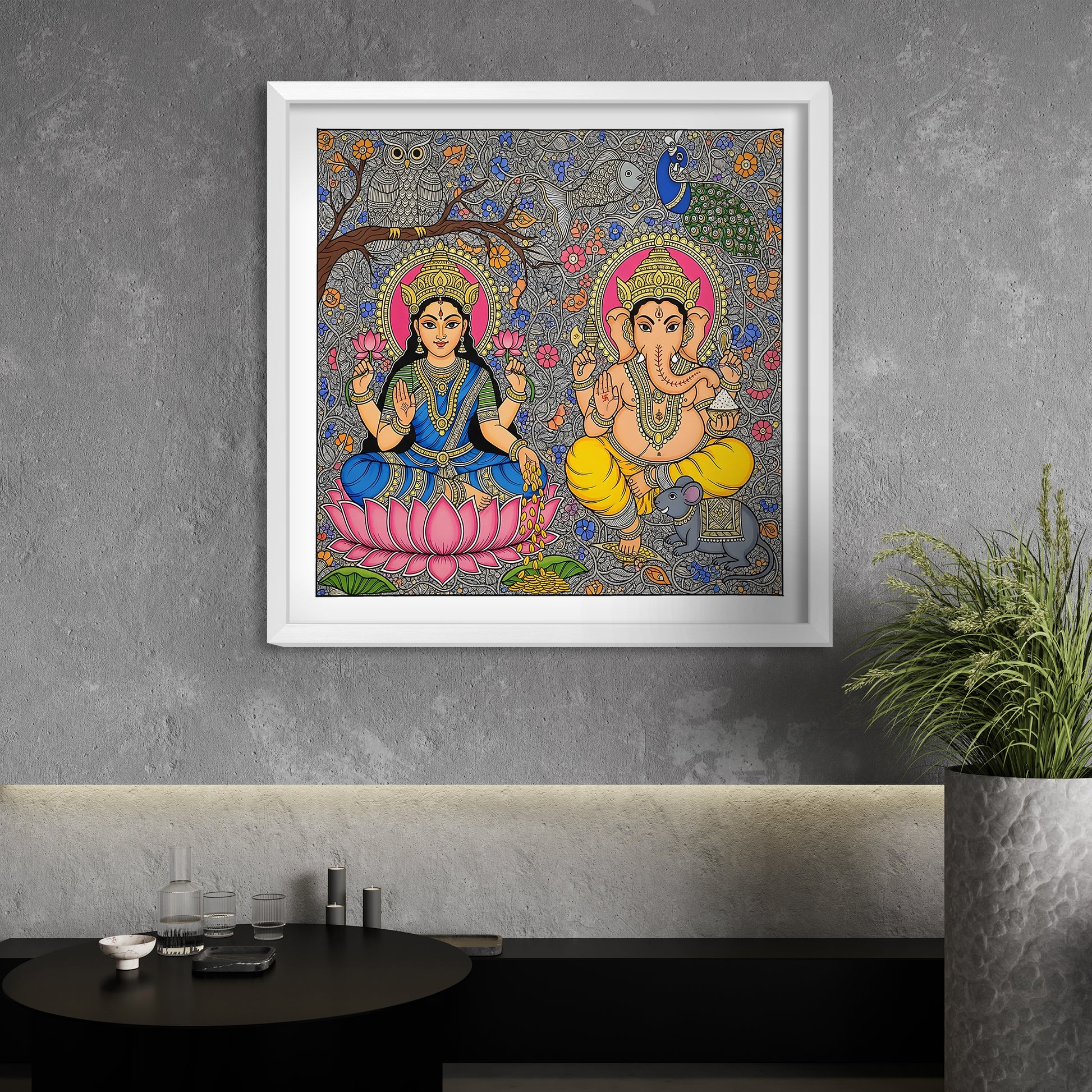 Laxmi Ganesha wall art, Madhubani painting, Indian folk art décor, Diwali gift, spiritual wall frame, Vastu artwork, prosperity painting, acrylic wall frame, goddess Laxmi, lord Ganesha, housewarming gift, Hindu religious painting, festive wall décor.