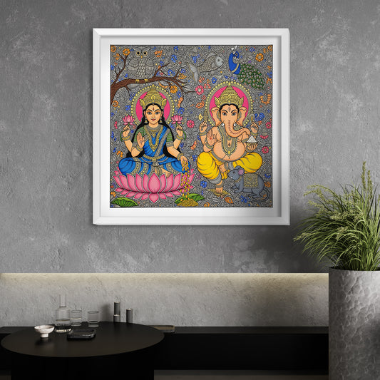 Laxmi Ganesha wall art, Madhubani painting, Indian folk art décor, Diwali gift, spiritual wall frame, Vastu artwork, prosperity painting, acrylic wall frame, goddess Laxmi, lord Ganesha, housewarming gift, Hindu religious painting, festive wall décor.
