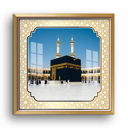 Luxury Makkah Kaaba Sharif Islamic UV Print Wall Art | Premium Golden Frame Acrylic Painting for Home, Mosque & Office Decor | Spiritual Hajj & Umrah Gift