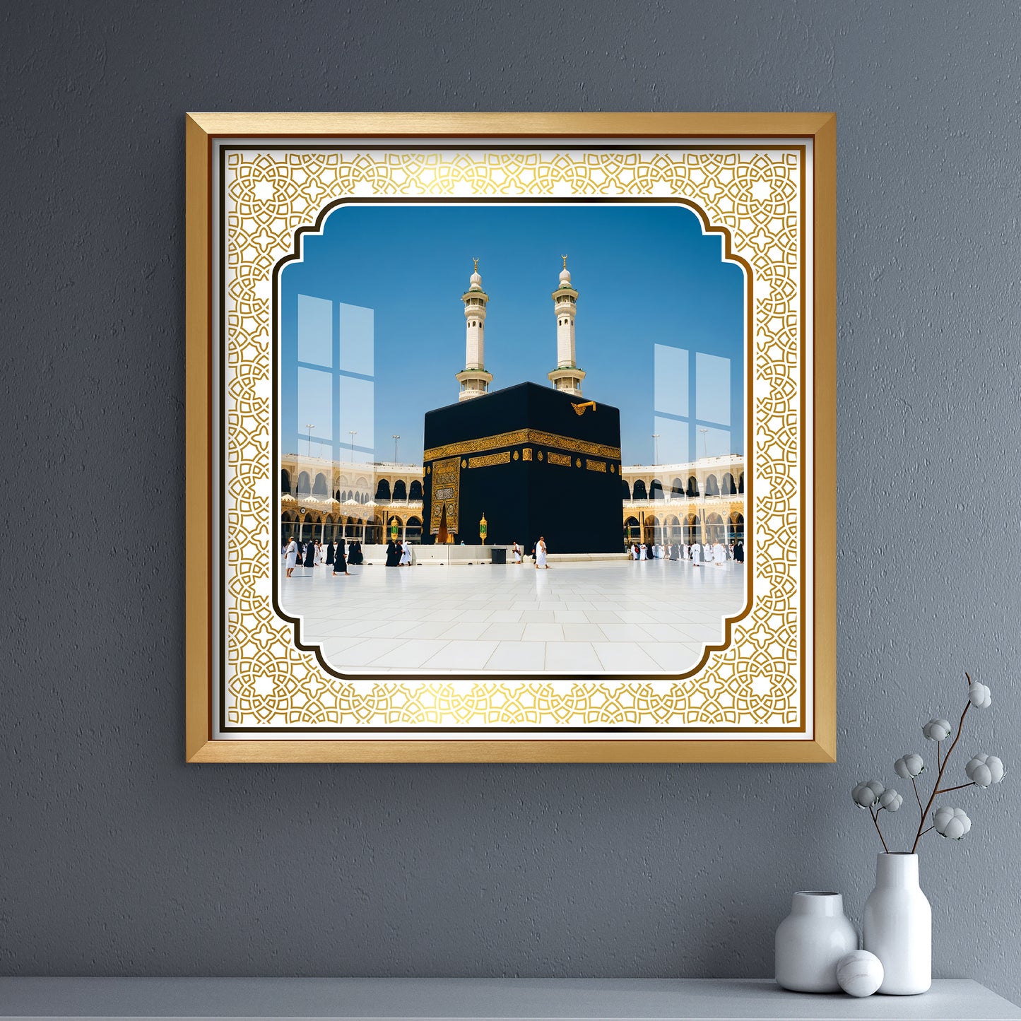 Luxury Makkah Kaaba Sharif Islamic UV Print Wall Art | Premium Golden Frame Acrylic Painting for Home, Mosque & Office Decor | Spiritual Hajj & Umrah Gift