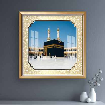 Luxury Makkah Kaaba Sharif Islamic UV Print Wall Art | Premium Golden Frame Acrylic Painting for Home, Mosque & Office Decor | Spiritual Hajj & Umrah Gift