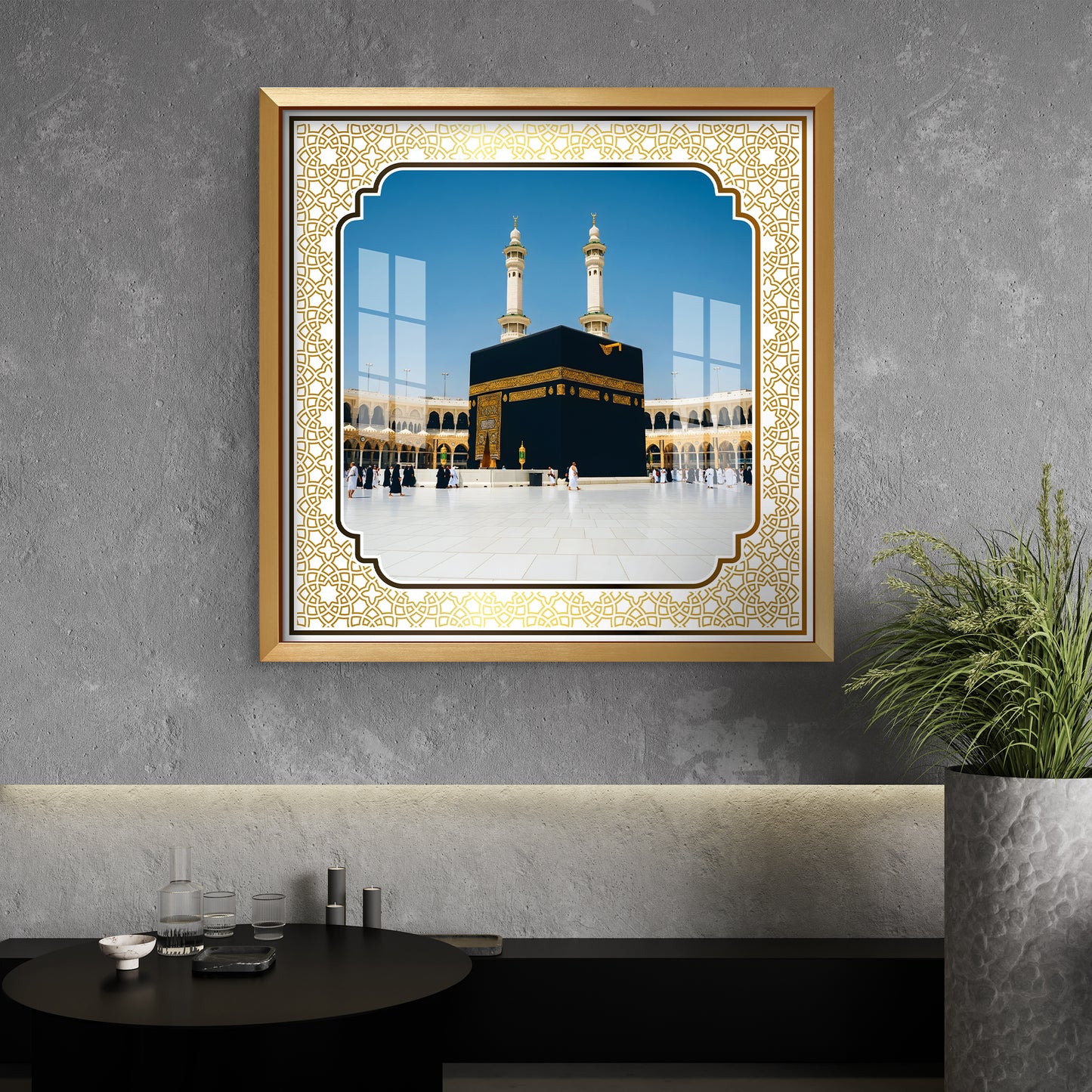 Luxury Makkah Kaaba Sharif Islamic UV Print Wall Art | Premium Golden Frame Acrylic Painting for Home, Mosque & Office Decor | Spiritual Hajj & Umrah Gift