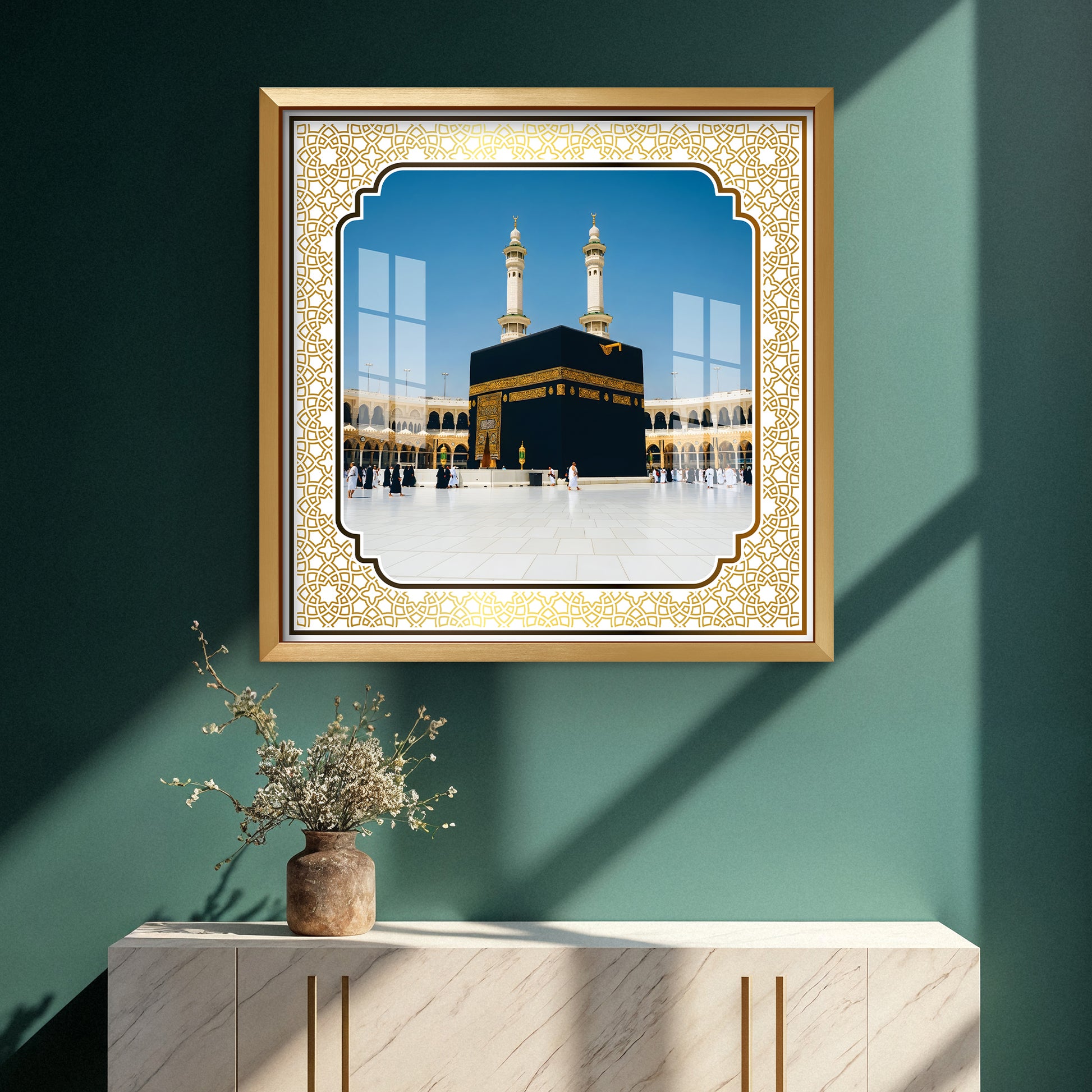 Makkah wall art, Kaaba Sharif painting, Islamic wall frame, Muslim home décor, Ramadan gifts, Eid wall art, Hajj Umrah gift, spiritual Islamic décor, mosque decoration, golden frame Islamic art