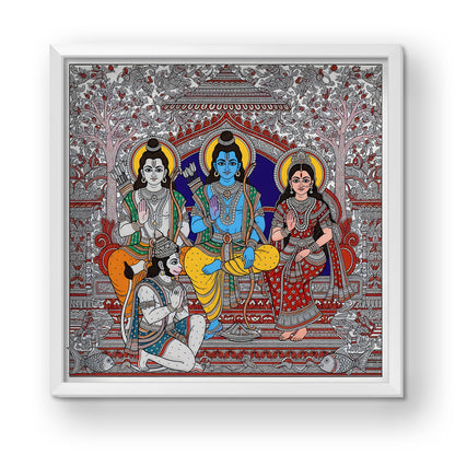 Premium Ram Darbar Madhubani Acrylic Wall Art with Glossy Finishing Lord Ram, Sita, Lakshman & Hanuman White Frame | Traditional Indian Painting for Pooja Room & Festivals