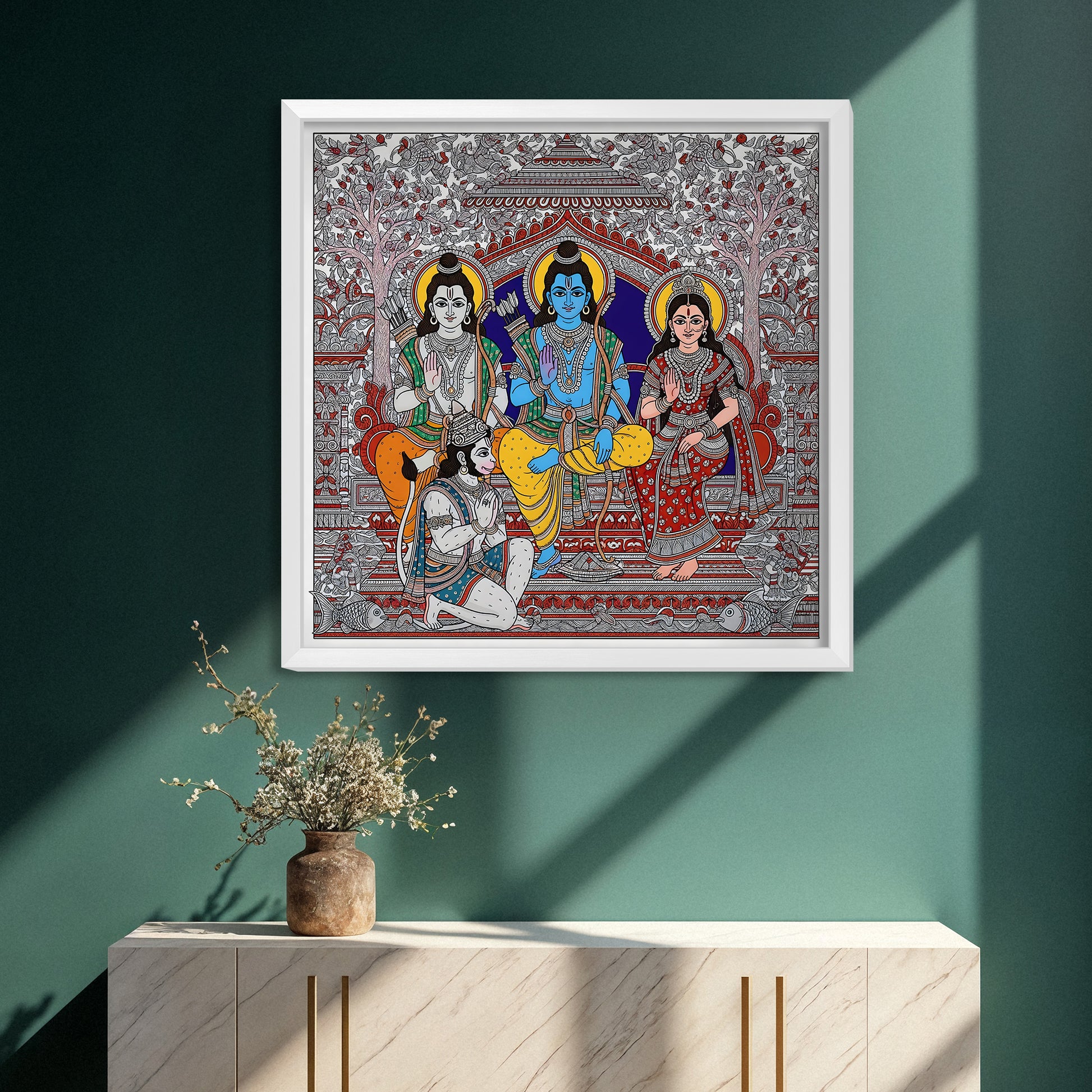 Ram Darbar wall art, Madhubani painting, Lord Ram acrylic frame, Hindu spiritual decor, religious wall art, Ram Sita Lakshman Hanuman art, pooja room wall decor, traditional Indian painting, divine home decor, festival gifting, Diwali gift spiritual.
