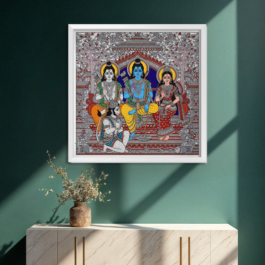 Ram Darbar wall art, Madhubani painting, Lord Ram acrylic frame, Hindu spiritual decor, religious wall art, Ram Sita Lakshman Hanuman art, pooja room wall decor, traditional Indian painting, divine home decor, festival gifting, Diwali gift spiritual.
