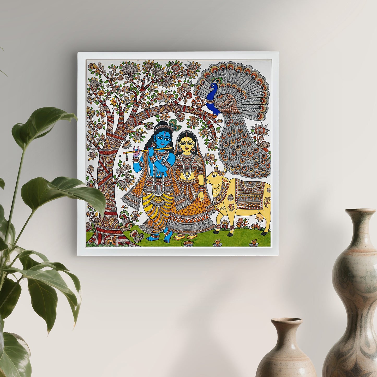 Luxury Madhubani Radha Krishna UV Print Acrylic Wall Frame | Traditional Indian Folk Art Painting for Wall Decor | Gift Item