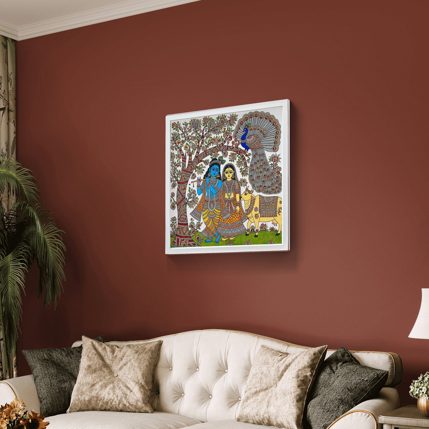 Luxury Madhubani Radha Krishna UV Print Acrylic Wall Frame | Traditional Indian Folk Art Painting for Wall Decor | Gift Item