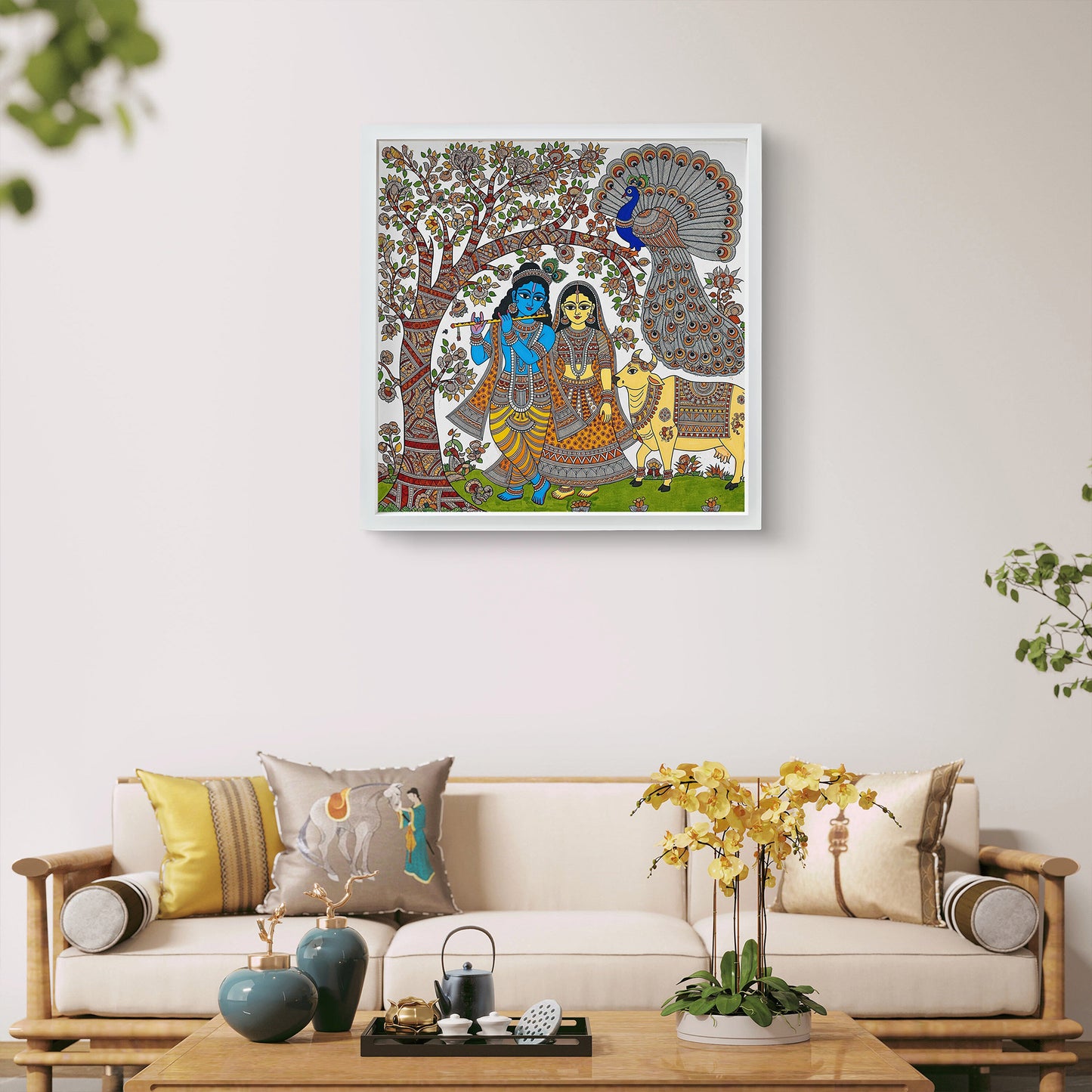 Luxury Madhubani Radha Krishna UV Print Acrylic Wall Frame | Traditional Indian Folk Art Painting for Wall Decor | Gift Item