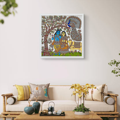Luxury Madhubani Radha Krishna UV Print Acrylic Wall Frame | Traditional Indian Folk Art Painting for Wall Decor | Gift Item