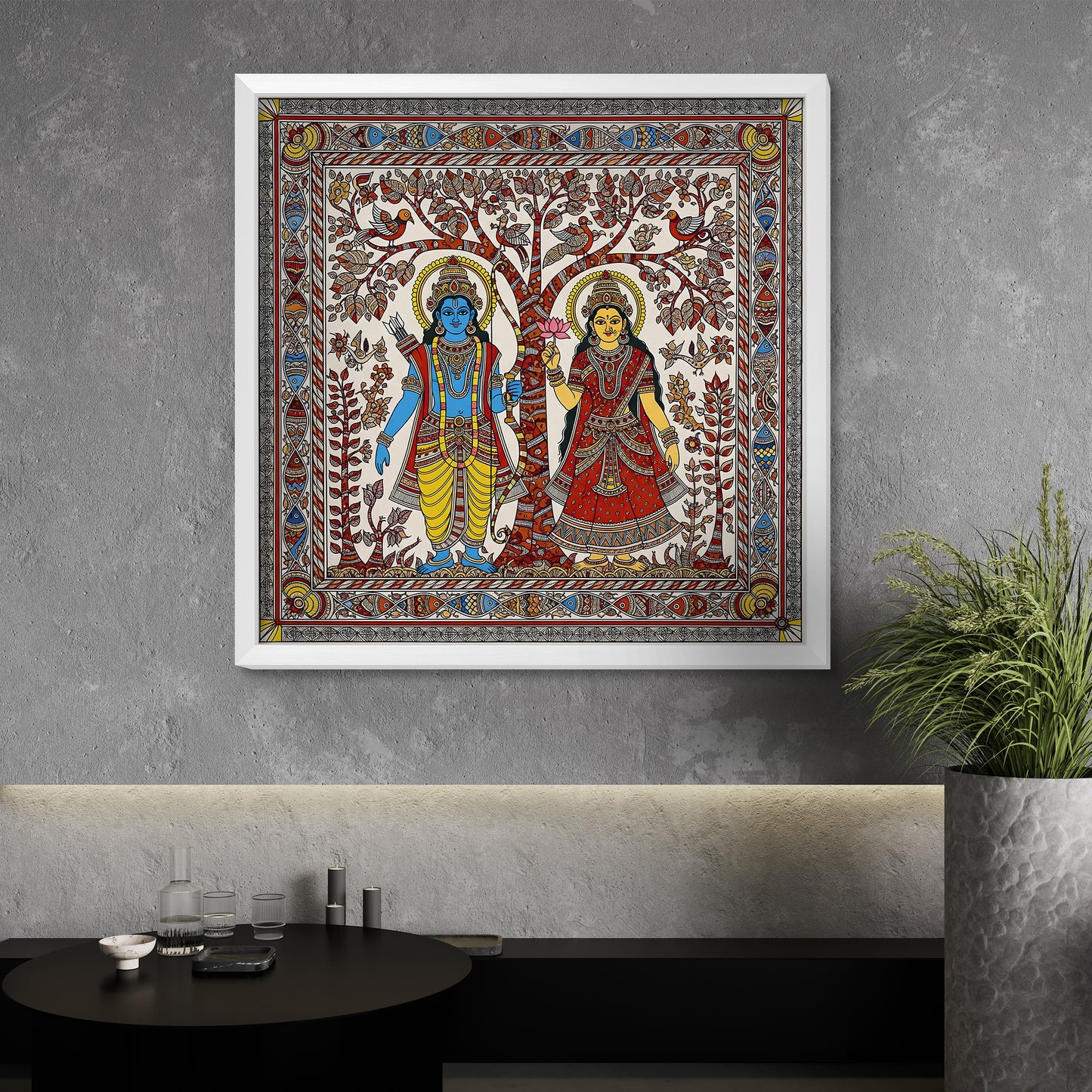 Radha Krishna Madhubani Acrylic Painting | Glossy Traditional Indian Folk Art Wall Frame | Spiritual Home Decor
