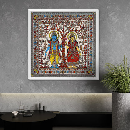 Radha Krishna Madhubani Acrylic Painting | Glossy Traditional Indian Folk Art Wall Frame | Spiritual Home Decor
