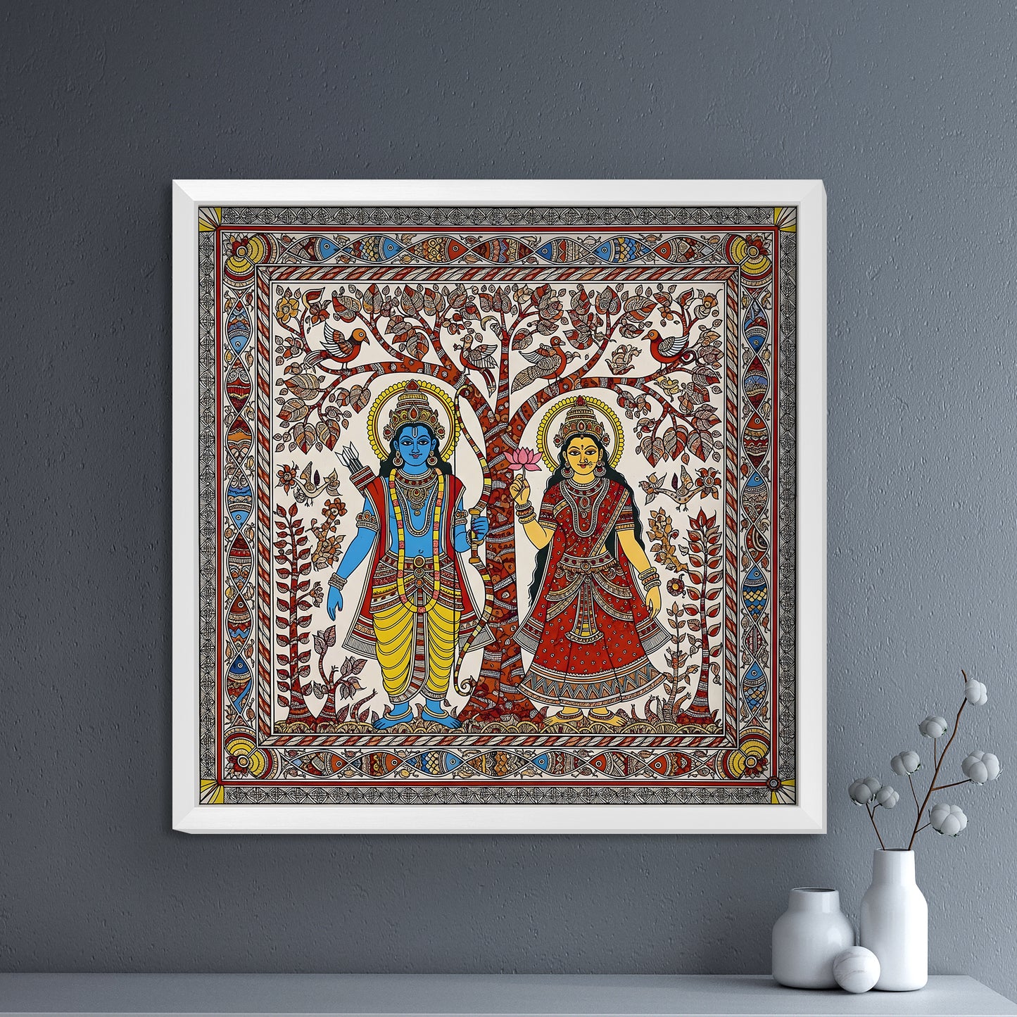 Radha Krishna Madhubani Acrylic Painting | Glossy Traditional Indian Folk Art Wall Frame | Spiritual Home Decor
