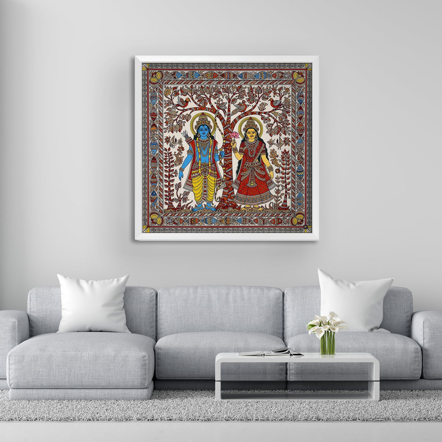 Radha Krishna Wall Art, Madhubani Painting, Indian Folk Art Wall Frame, Spiritual Home Decor, Radha Krishna Acrylic Print, Religious Wall Hanging, Traditional Art Frame, Wedding & Housewarming Gift, Radha Krishna Painting for Pooja Room.