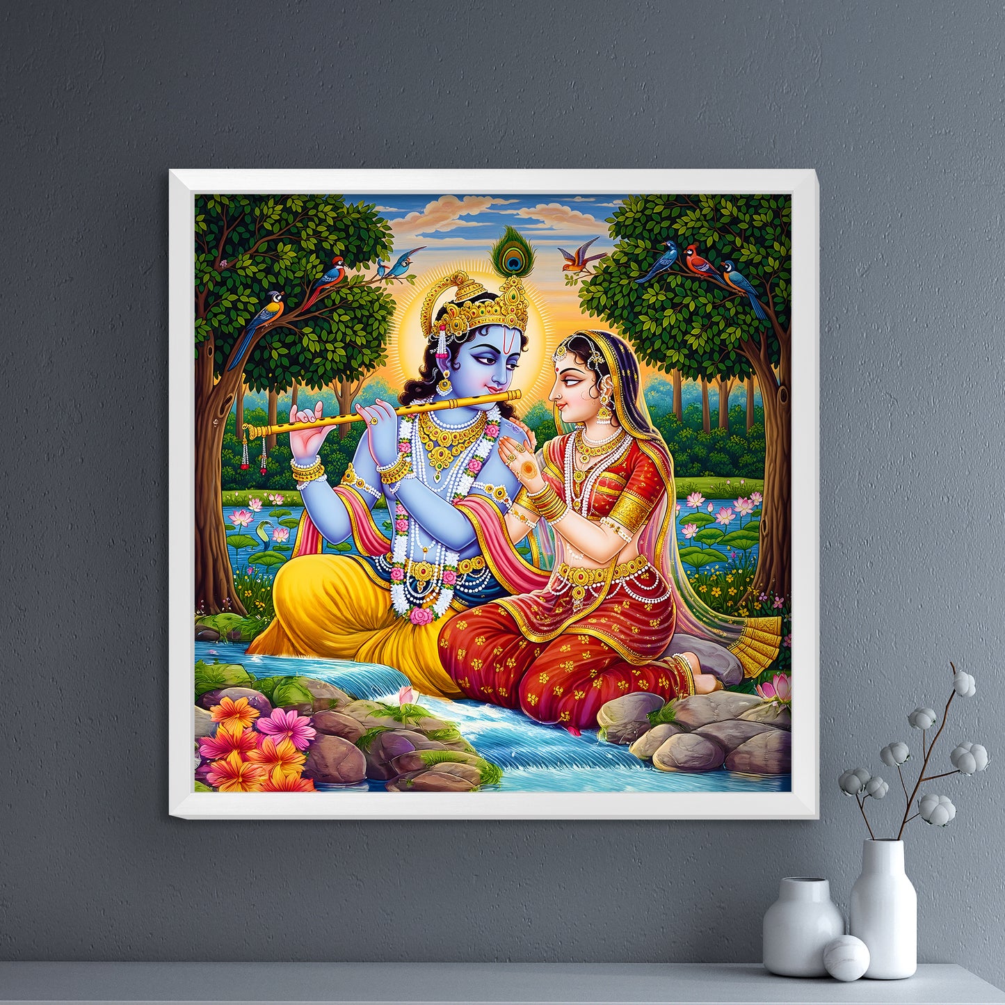 Luxury Radha Krishna Acrylic Wall Painting | Divine Love Rajasthani Art UV Print Frame | Spiritual Acrylic Wall Decor for Home, Living Room & Bedroom