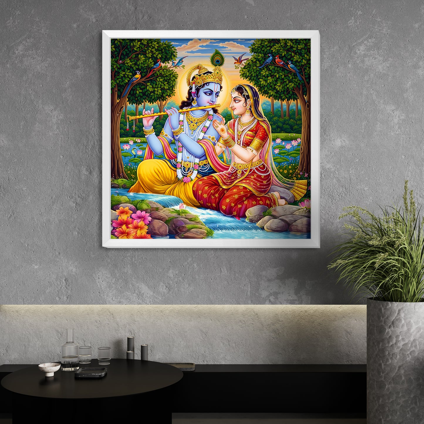 Luxury Radha Krishna Acrylic Wall Painting | Divine Love Rajasthani Art UV Print Frame | Spiritual Acrylic Wall Decor for Home, Living Room & Bedroom