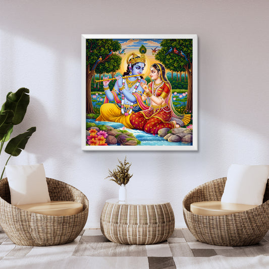This is a stunning painting of Radha and Krishna in the beautiful Rajasthani art style. This requires specific keywords to differentiate it from other types of Indian art.