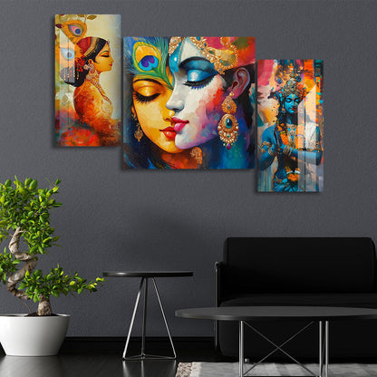 Radha Krishna Prayer Pose Set of 3 Acrylic Wall Art Modern Spiritual Painting